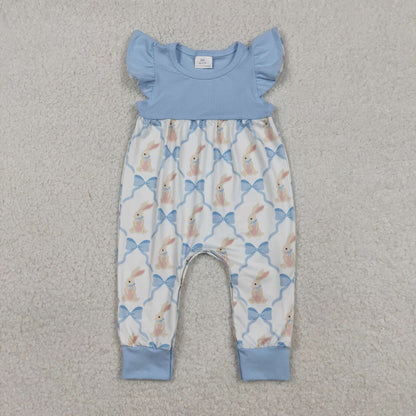 RTS SR3806 Baby Girls Romper Baby Girls Flutter Sleeve Bows Rabbits Checked Easter Rompers