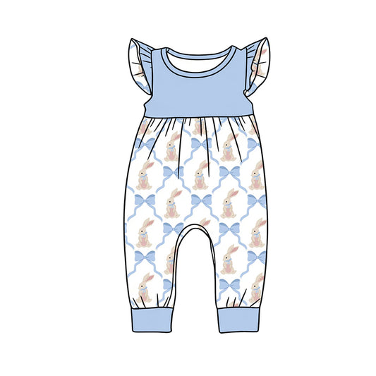 C12.13 SR3806 Baby Girls Flutter Sleeve Bows Rabbits Checked Easter Footie Rompers Preorder