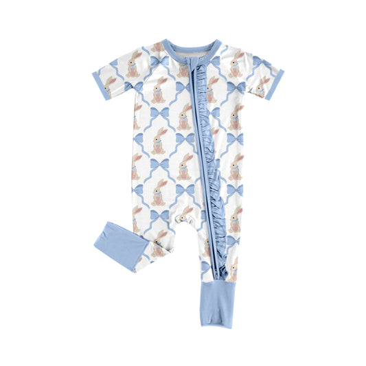C12.13 SR3807 Baby Girls Bows Rabbits Checked Easter Two Way Ruffle Zip Convertible Rompers Preorde