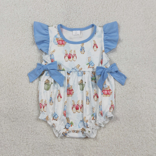 RTS SR3833 Baby Girls Flutter Sleeve Rabbits Bows Easter Ruffle Rompers