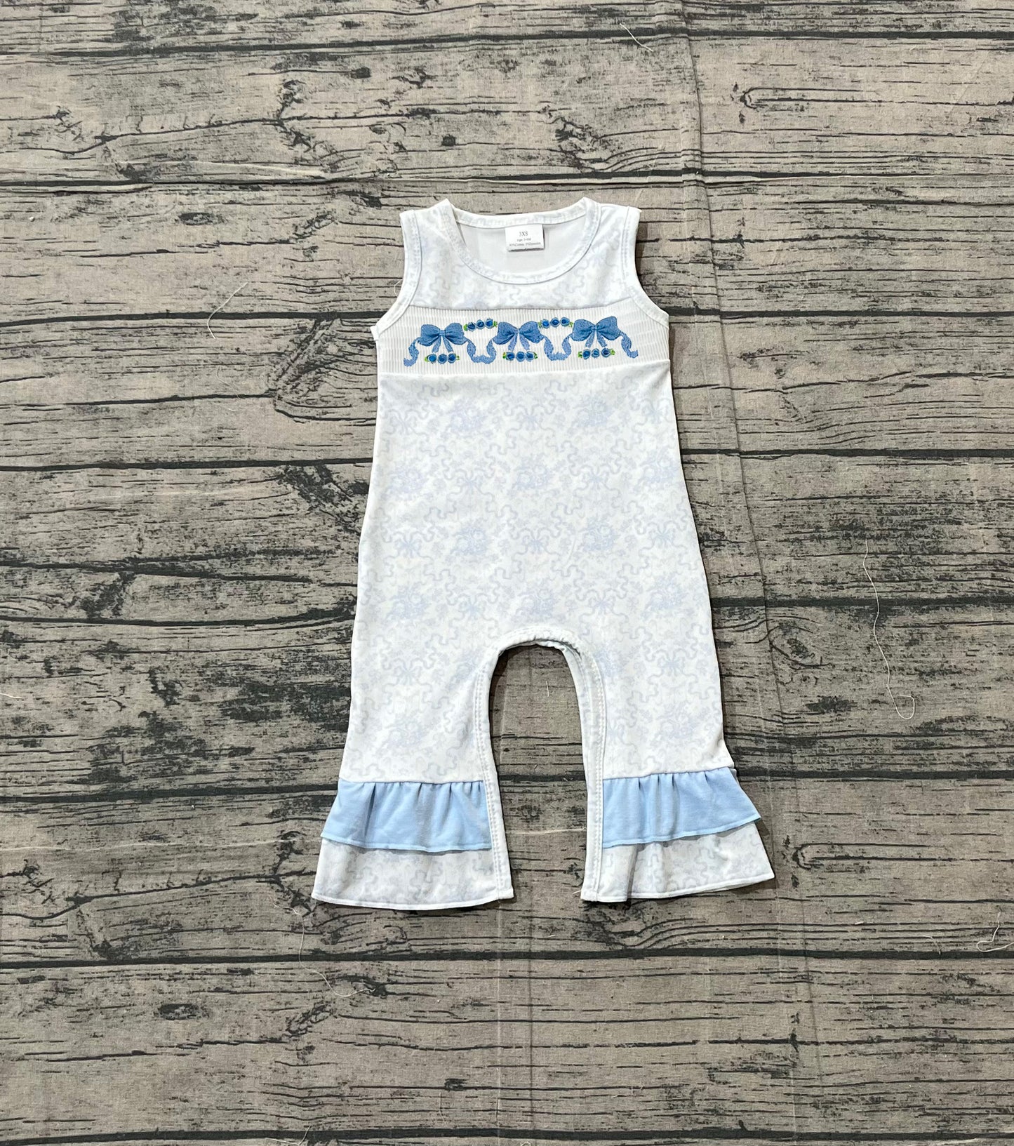 Sample SR3843 Cute Baby Girls Sleeveless Blue Bows Flowers Ruffle Pants Rompers
