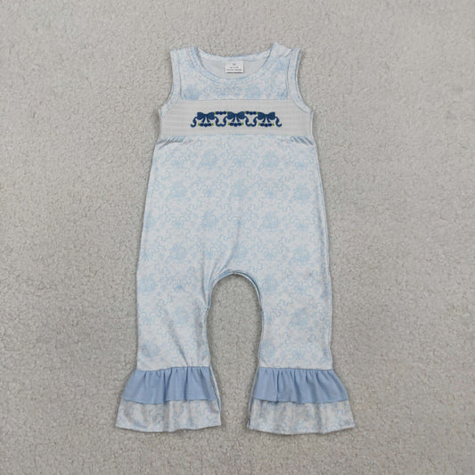 RTS SR3843 Embroidery Bows Baby Girls Sleeveless Blue Flowers Ruffle Rompers