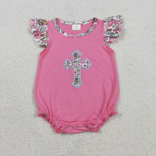 RTS SR3845 Embroidery Floral Crosses Baby Girls Flutter Sleeve Easter Ruffle Rompers