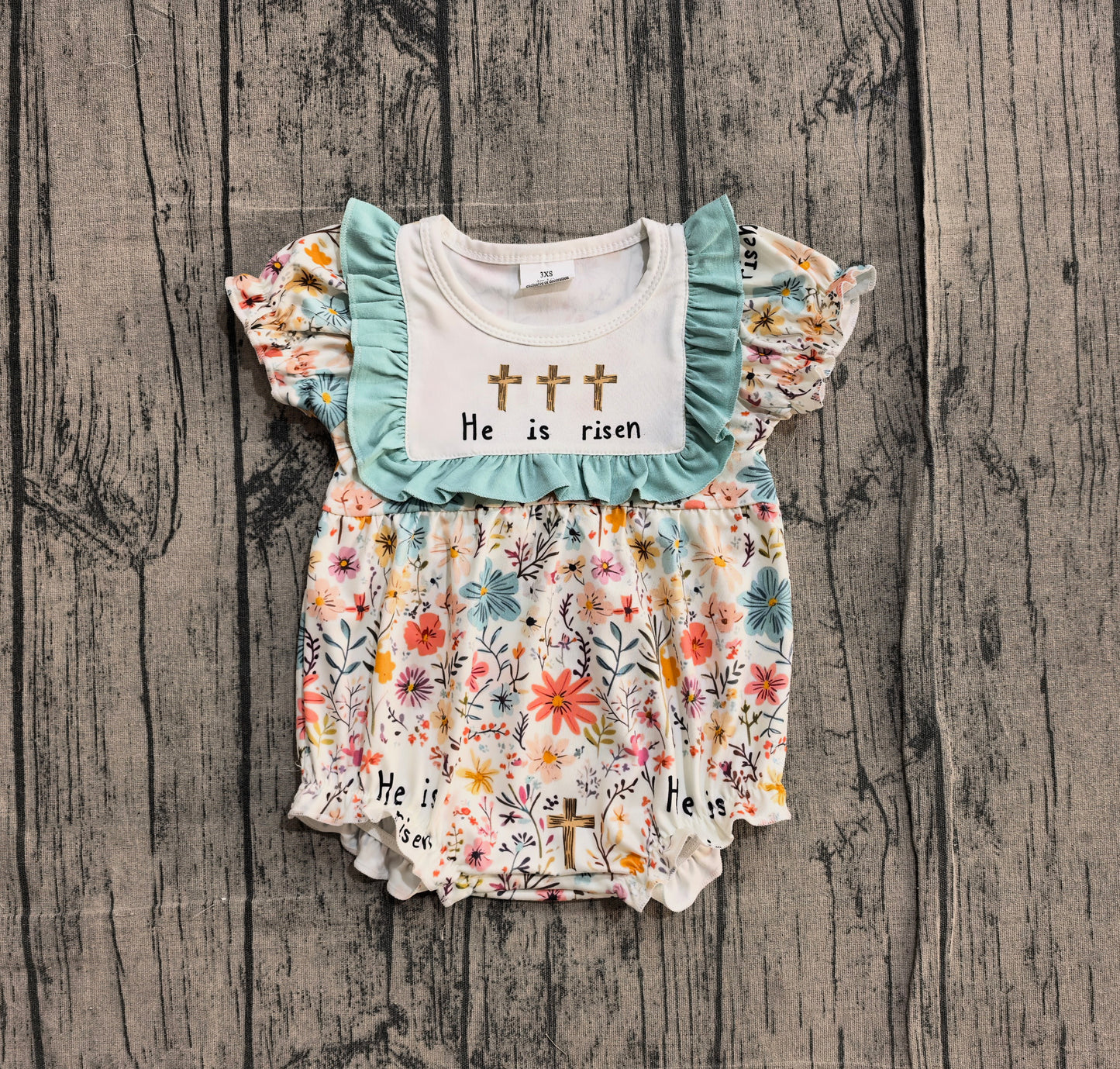 Sample SR3861 Cute Baby Girls Crosses Flowers Easter Ruffle Rompers