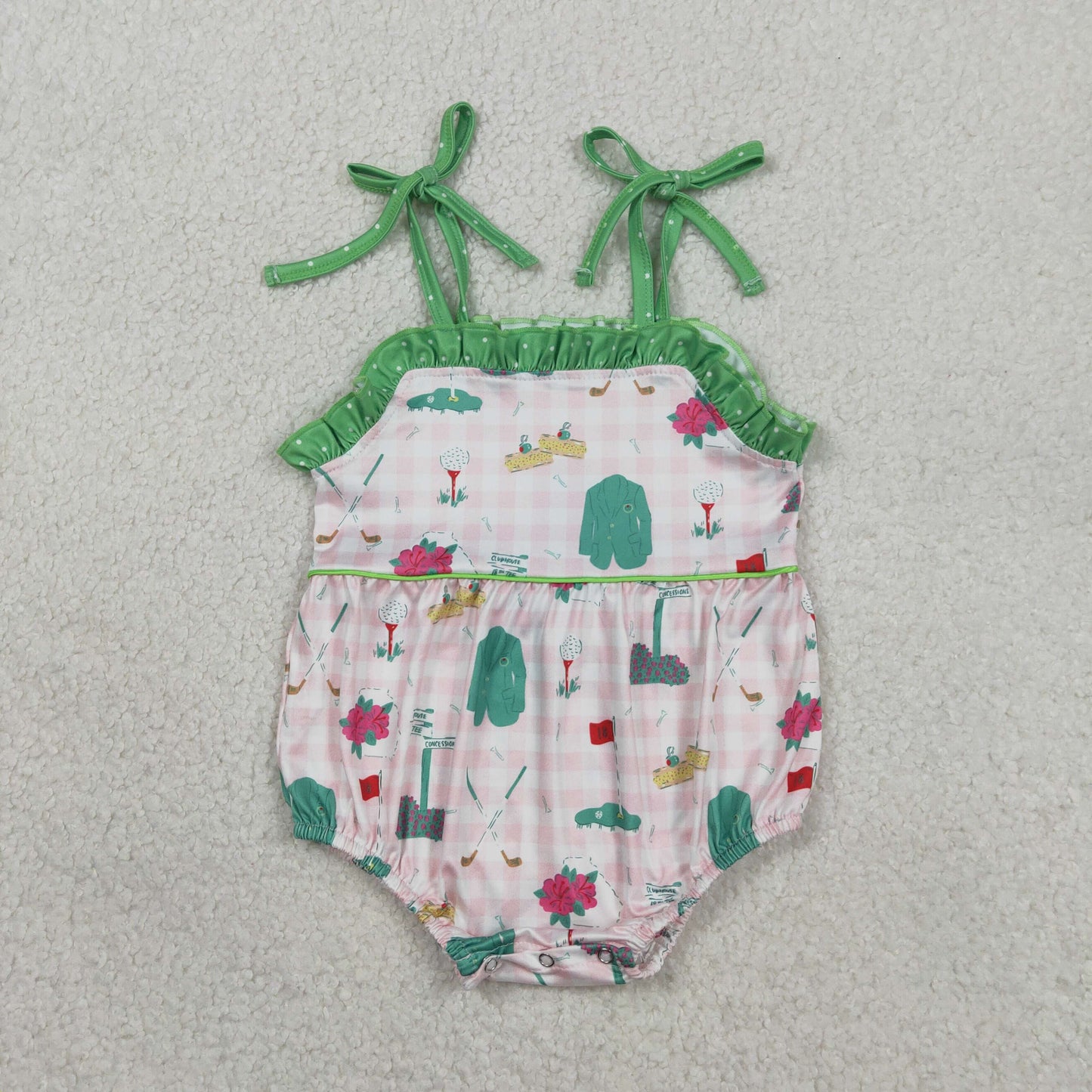 RTS SR3868 Baby Girls Strap Pink Checked Golf Flags Ruffle Rompers