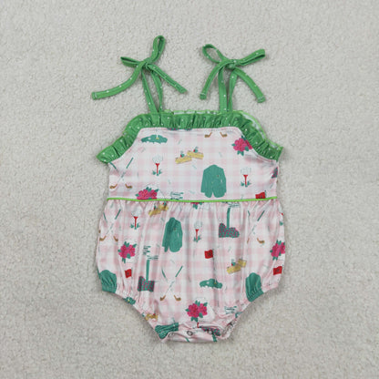 RTS SR3868 Baby Girls Strap Pink Checked Golf Flags Ruffle Rompers