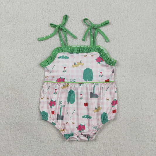 RTS SR3868 Baby Girls Strap Pink Checked Golf Flags Ruffle Rompers