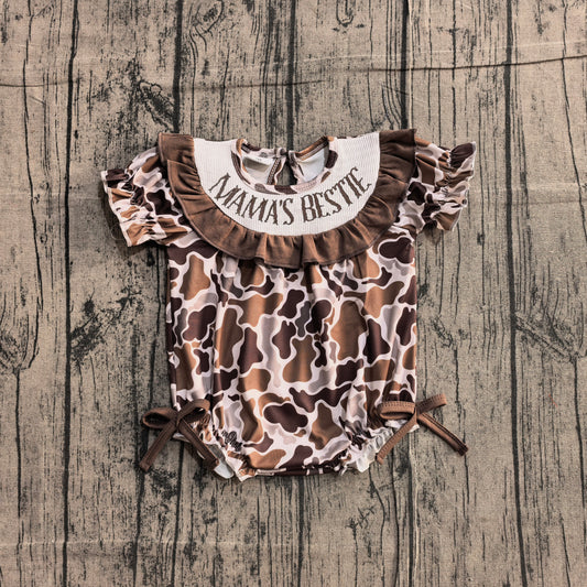 Sample SR3888 Cute Embroidery Mama's Bestie Baby Girls Southern Brown Camo Ruffle Rompers