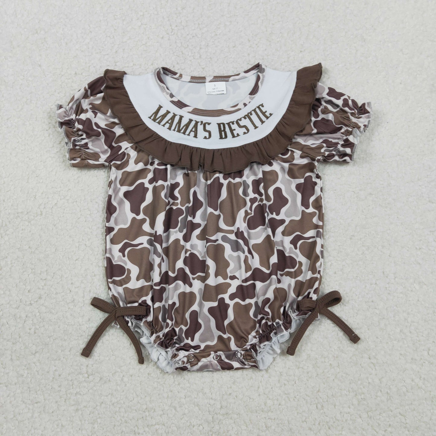 RTS SR3888 Embroidery Mama's Bestie Baby Girls Southern Brown Camo Ruffle Rompers