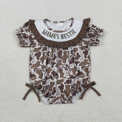 RTS SR3888 Embroidery Mama's Bestie Baby Girls Southern Brown Camo Ruffle Rompers