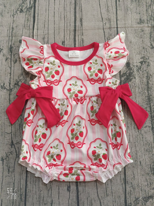 Sample SR3890 Cute Baby Girls Pink Stripe Flowers Strawberry Bows Ruffle Rompers