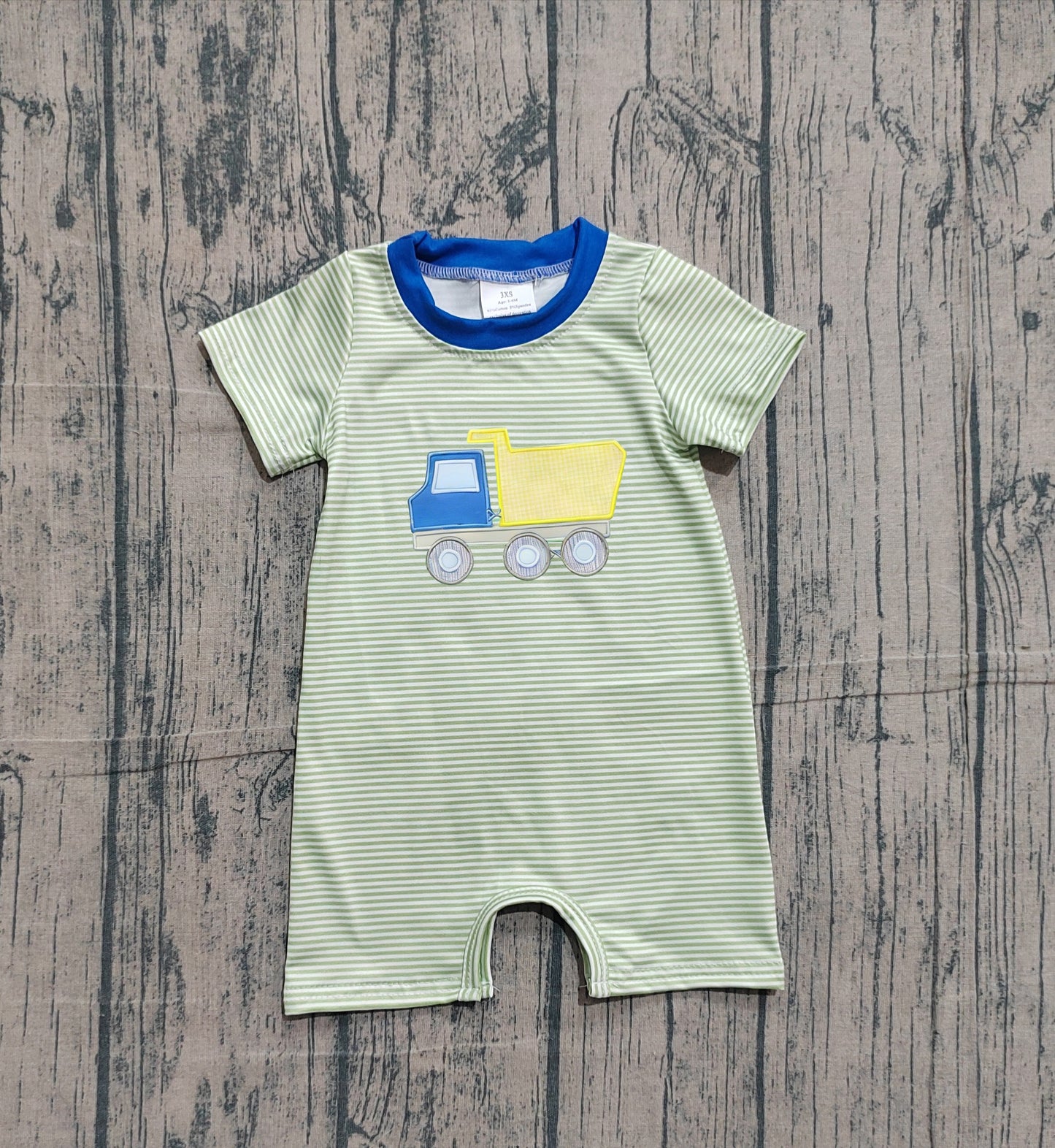 Sample SR3893 Cute Embroidery Tractors Baby Boys Short Sleeve Green Stripe Rompers