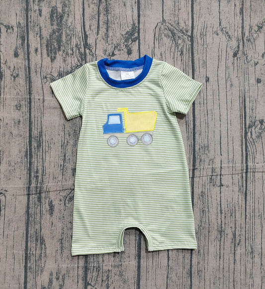 Sample SR3893 Cute Embroidery Tractors Baby Boys Short Sleeve Green Stripe Rompers