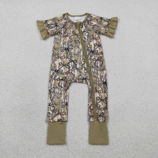 RTS SR3931 Baby Girls Southern Olive Camo Bows Two Way Zip Convertible Rompers