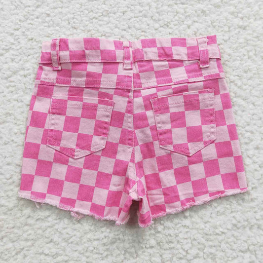 SS0092 Plaid Ripped Denim Shorts Pink