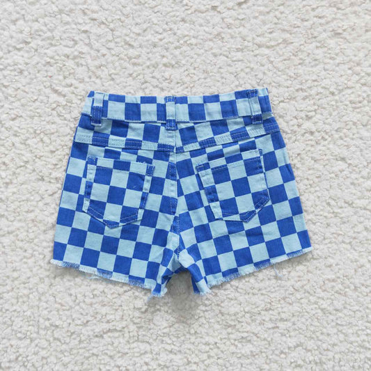 SS0093 Blue checked Ripped denim shorts