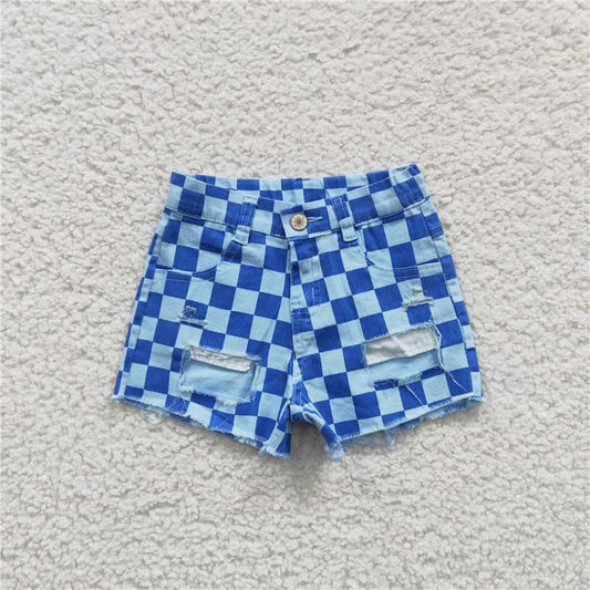 SS0093 Blue checked Ripped denim shorts