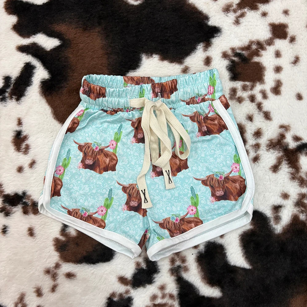 SS0123 Baby Girls Highland Cows Western Shorts