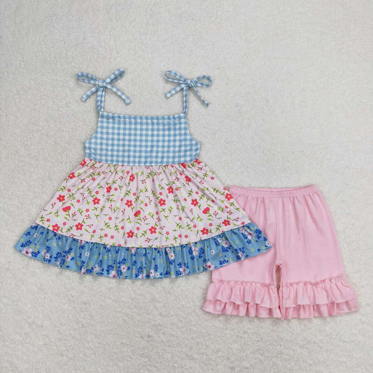 GSSO0836 Floral plaid suspenders pink lace shorts set