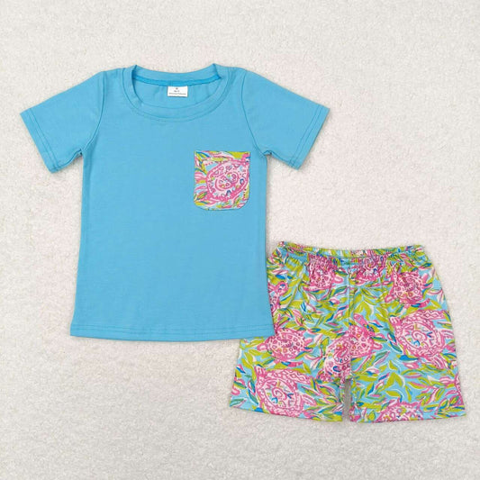 BSSO0846 Turtle sea grass pocket blue short sleeve shorts pajama set
