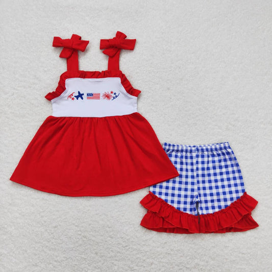 GSSO0611 4th of July Embroidered aircraft flag fireworks Red Lace suspenders Blue and white plaid shorts set