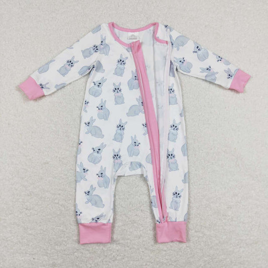 LR0836 Rabbit pink and white zip-up long-sleeved onesie
