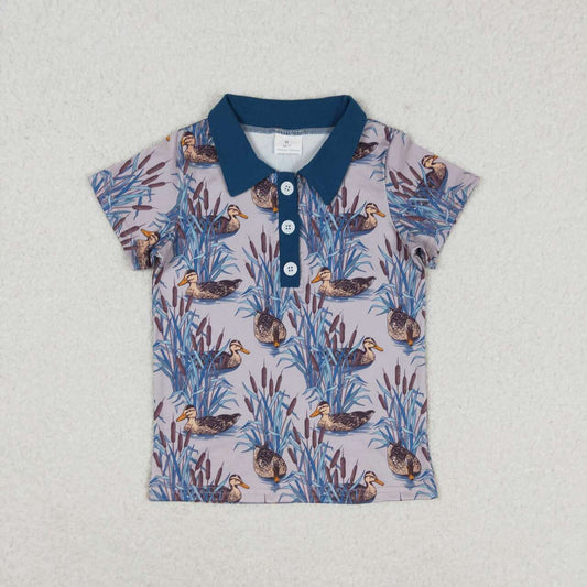 BT0536 Duck and dandelion rod blue button-down shirt with short sleeves