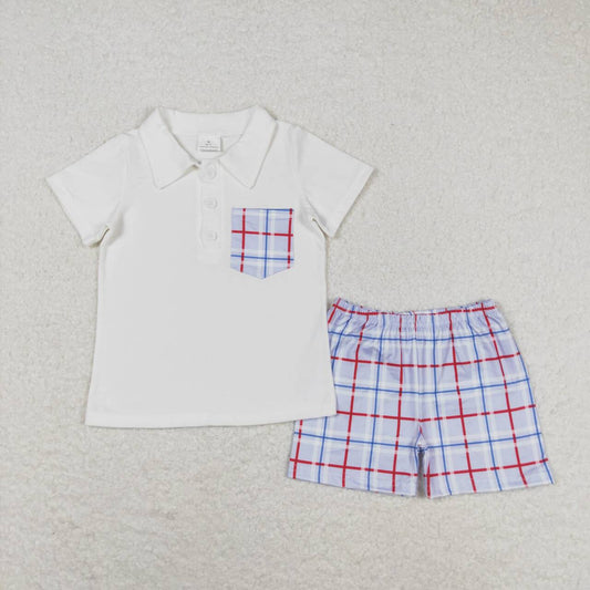 BSSO0651 Blue plaid pocket white short-sleeved shorts suit