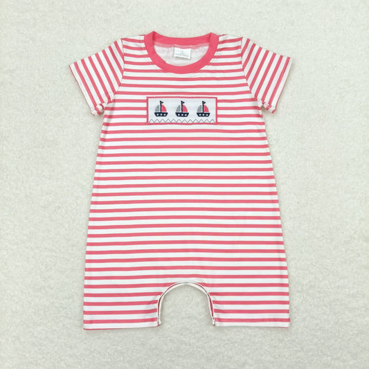 SR1028 Embroidered sailboat red and white striped short-sleeved onesie