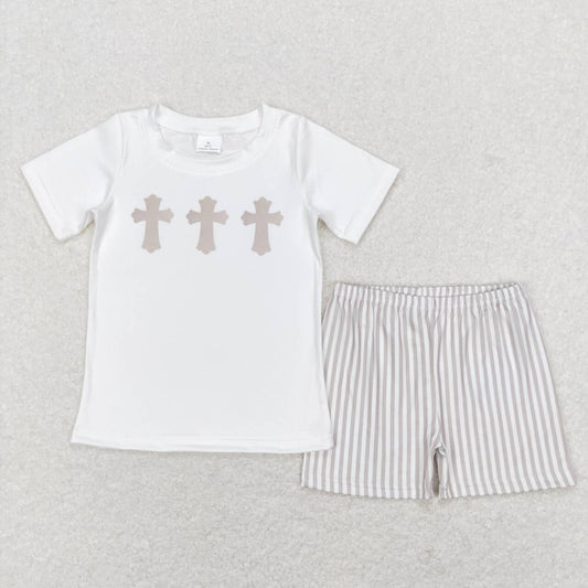 BSSO0354 Cross White Short sleeve brown striped shorts suit