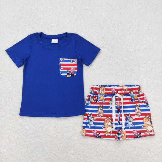 BSSO0513 4th of July Cartoon dog pocket short sleeve red and blue striped shorts suit