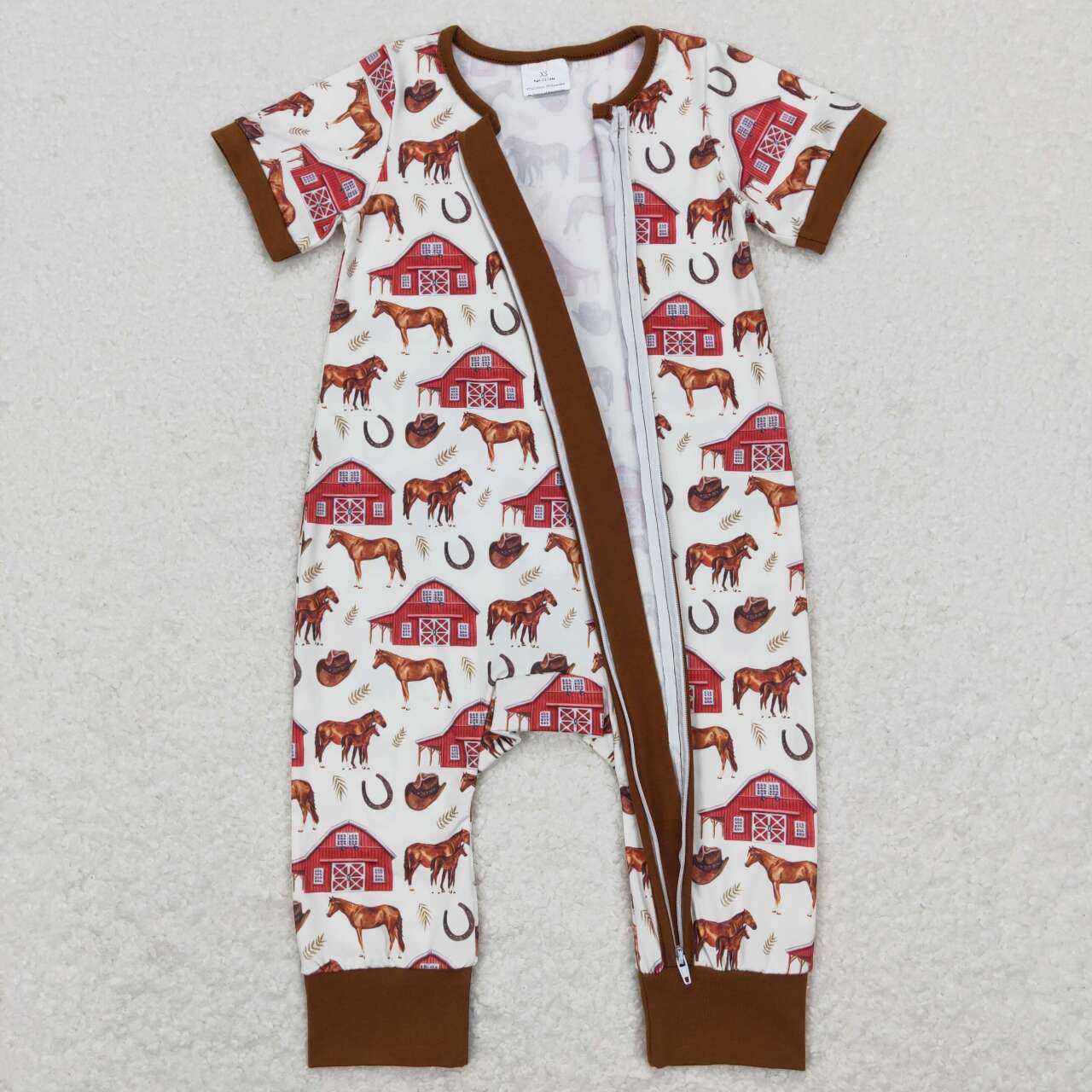 SR0509 Farm Red House Horse brown beige zipper short sleeve onesie