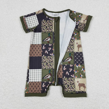 SR0902 Duck camouflage deer check army green zip-up short-sleeved onesie
