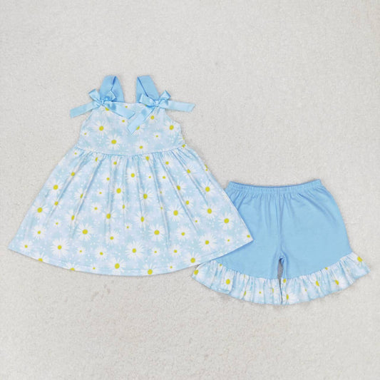 GSSO0993 Little Daisy flowers blue lace bow sleeveless shorts set