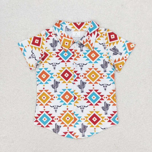 BT0550 Alpine cow head cactus geometric graphic buttons white short-sleeved top