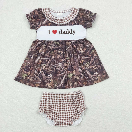 GBO0320 I love daddy Embroidered letter Brown check lace twigs and leaves short sleeve briefs set