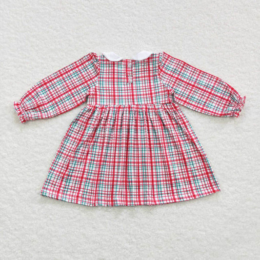 GLD0300 Girls Christmas Embroidered Flower Red Plaid Long Sleeve Dress