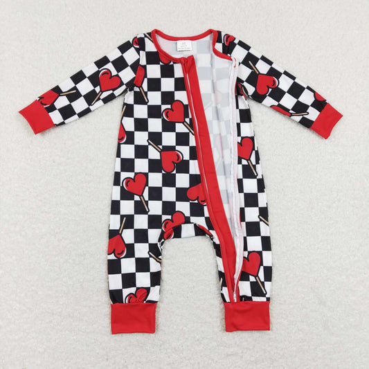 LR0856 Red Love Lollipop Black and white check red zipper long-sleeved onesie