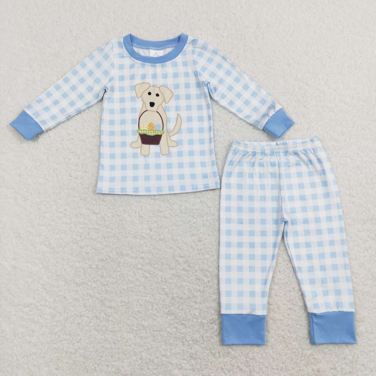 BLP0432 Easter Egg Basket Puppy Blue Plaid Long Sleeve Pants Suit