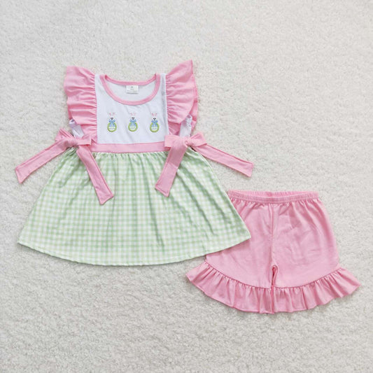 GSSO0436 Embroidered Bow Egg Bunny Green White check Pink lace bow short sleeve shorts set