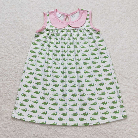 GSD0840 White sleeveless dress with alligator pink doll collar
