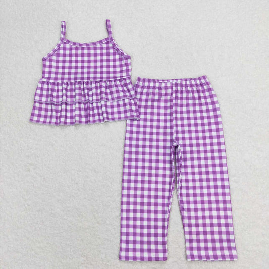 GSPO1379 Purple and white checkered lace suspenders pantsuit
