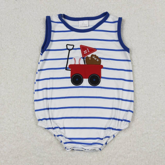SR0935 Embroidered baseball cart blue striped white vest jumpsuit