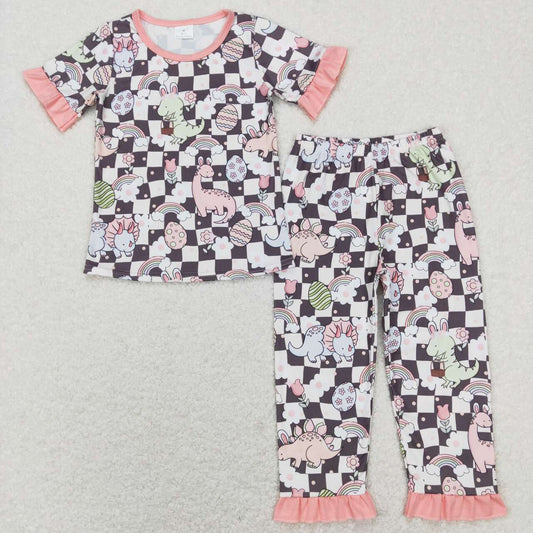 GSPO1203 Dinosaur Rainbow Flower Egg checkered pink lace short sleeve pants suit