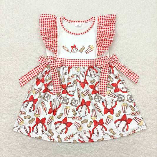 GSD0712 Bow Baseball peanut popcorn red and white check bow short-sleeved dress