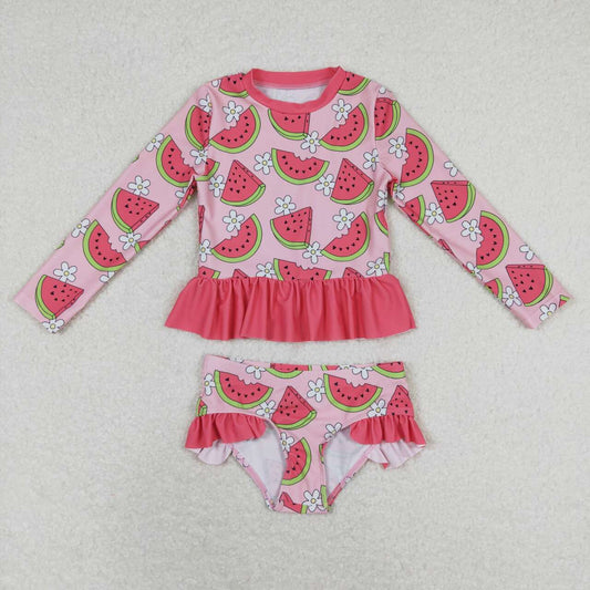 S0264 Floral watermelon pink lace long-sleeved bathing suit