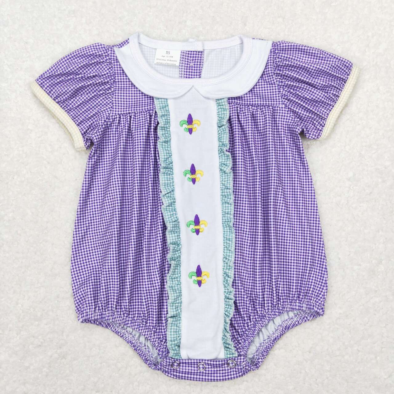 SR0471 Embroidery Carnival lace purple and white checked short sleeve onesie