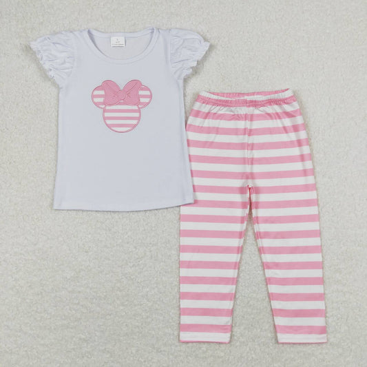 GSPO1198 embroidered bow cartoon White short sleeve pink white striped trousers suit