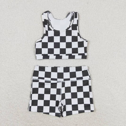 GT0522+SS0219 Black and white plaid sleeveless top shorts yoga set