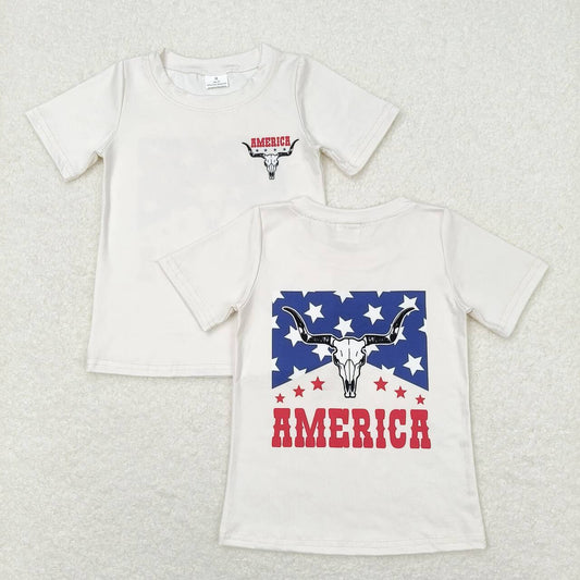 GT0465 4th of July Star Alpine bull head beige short sleeve top